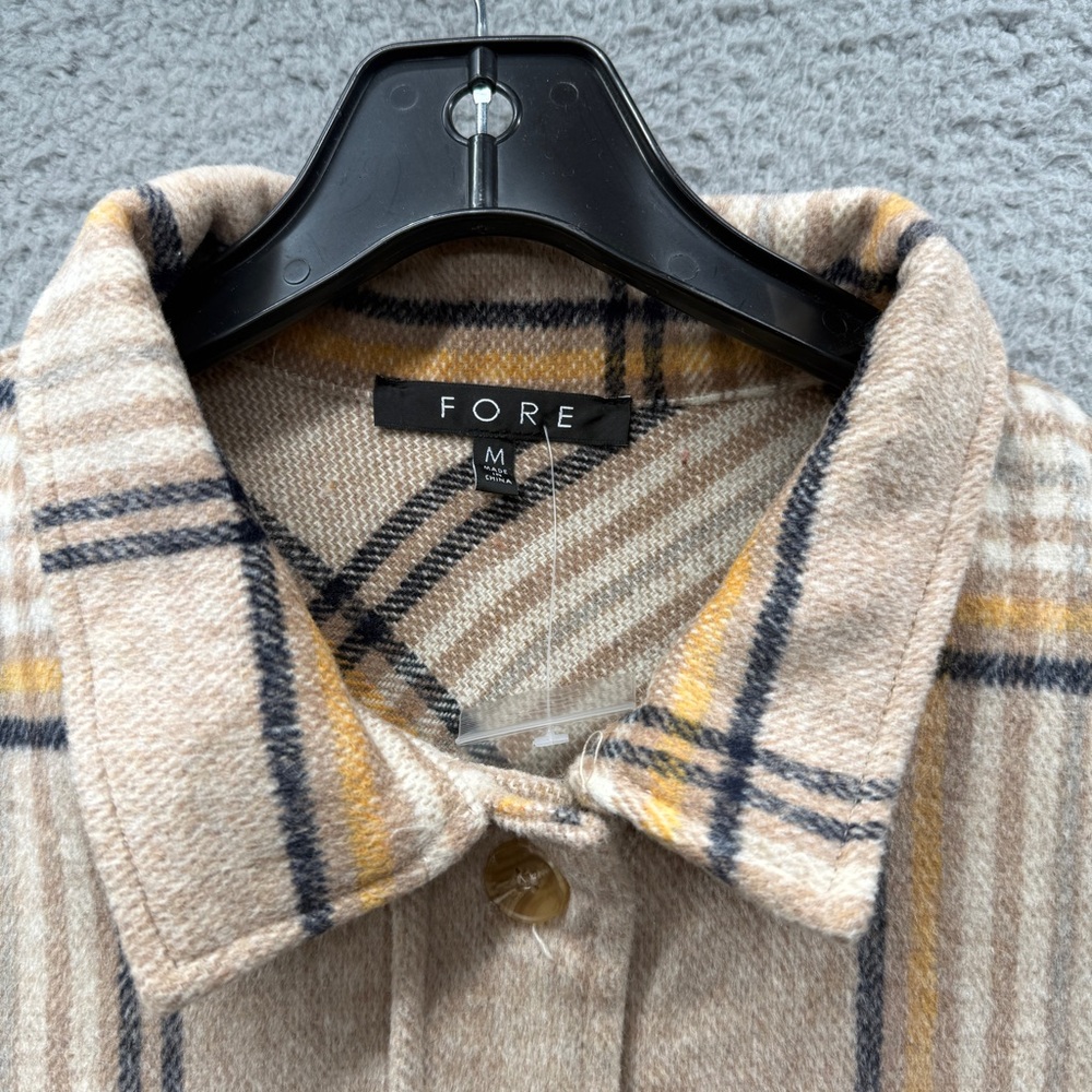 Fore Shacket Beige Plaid Fringe Button up Long Sleeve Pockets Western Women’s M - Picture 11 of 14
